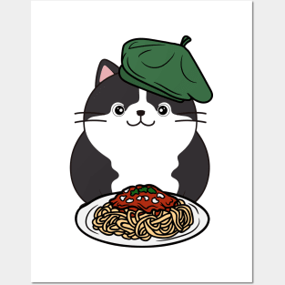 Cute Fat cat is eating spaghetti Posters and Art